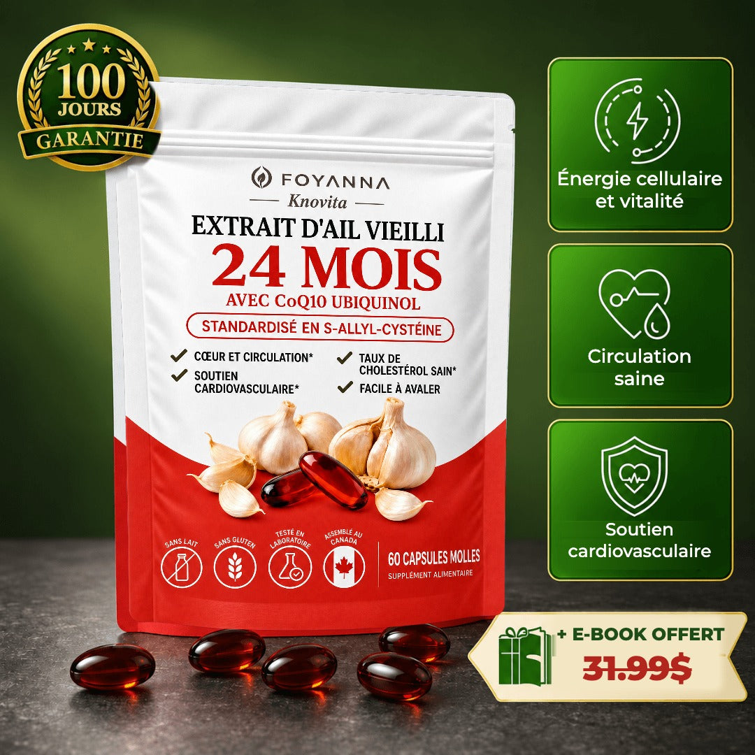 Foyanna Knovita, extrait d'ail vieilli 24 mois avec CoQ10 ubiquinol, garantie 100 jours