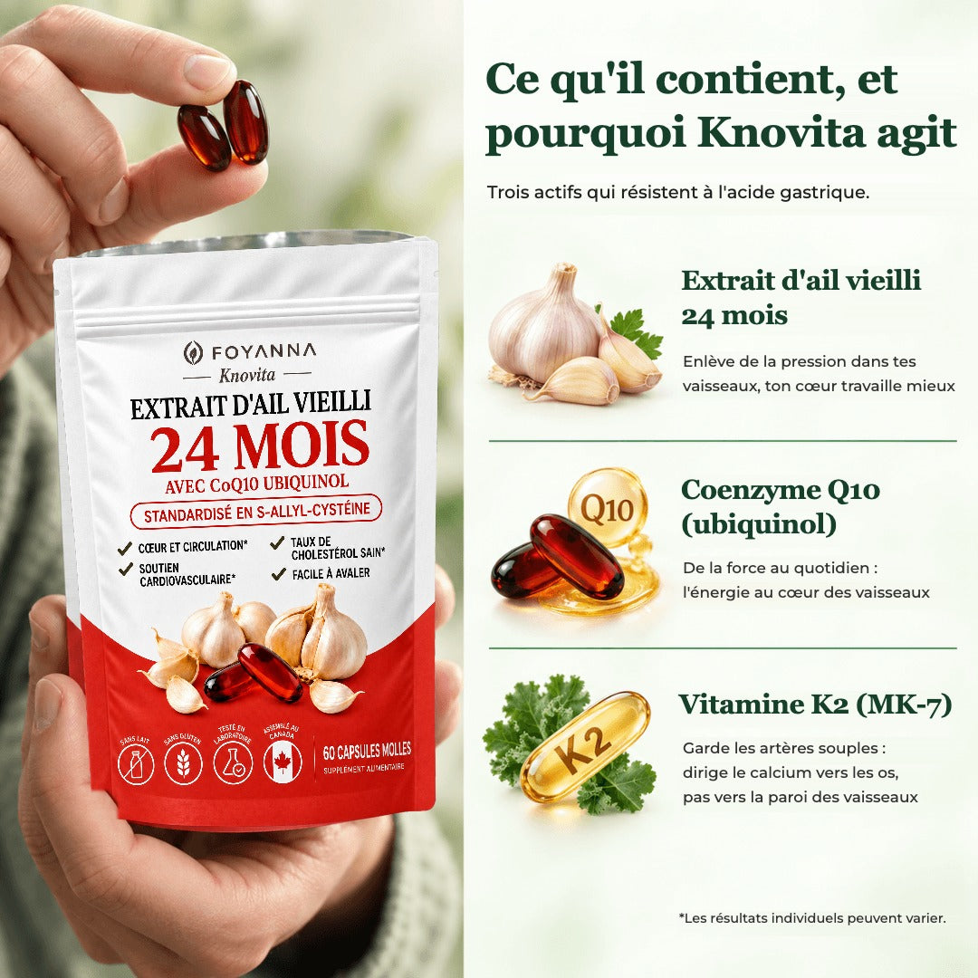 Ce qu'il contient : extrait d'ail vieilli, coenzyme Q10, vitamine K2
