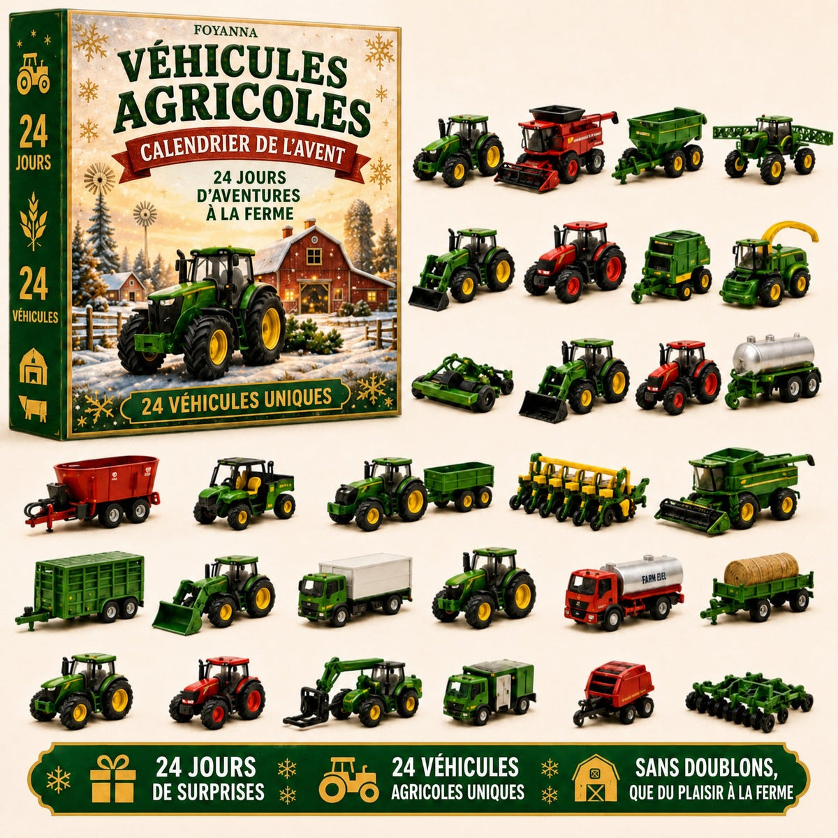 Calendrier de l'avent Foyanna, véhicules agricoles : la boîte et ses 24 tracteurs et machines de ferme