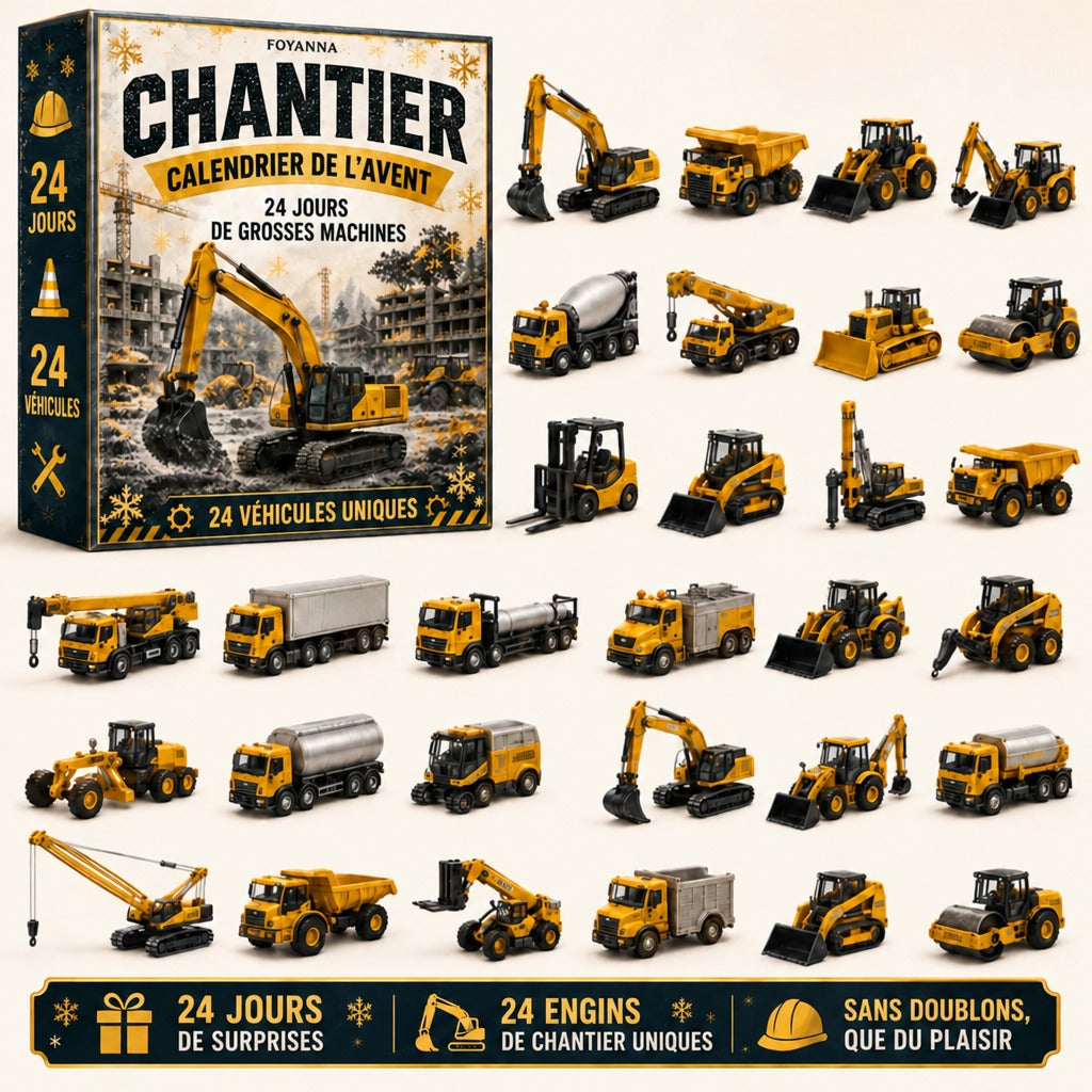 Calendrier de l'avent Foyanna, chantier : la boîte et ses 24 engins de chantier