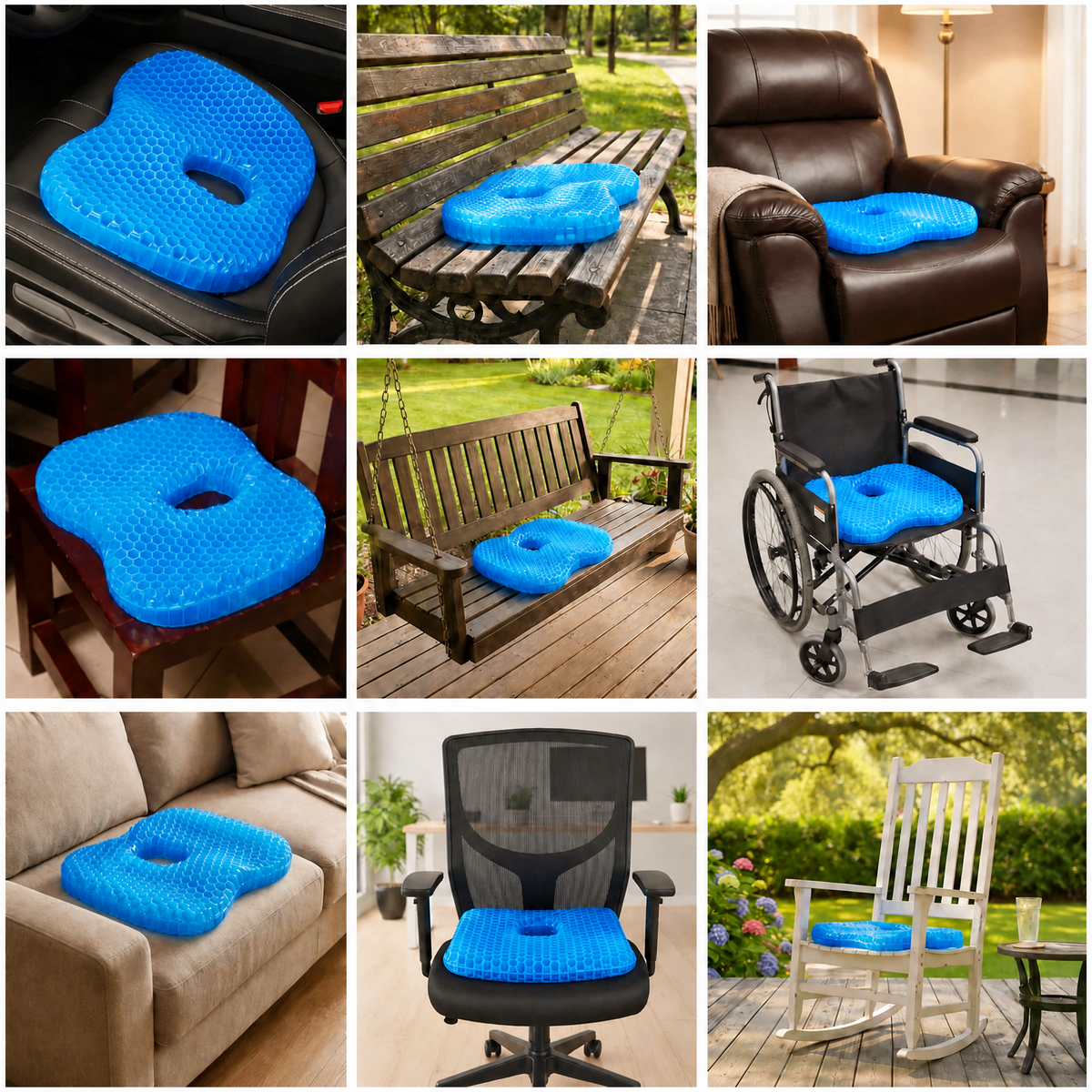 Coussin MediGel sur neuf sièges différents