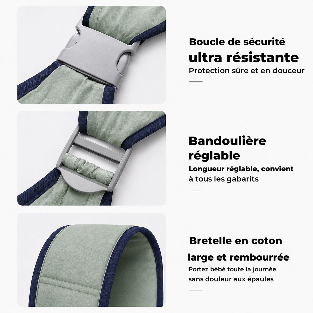 Boucle de sécurité, bandoulière réglable, bretelle rembourrée