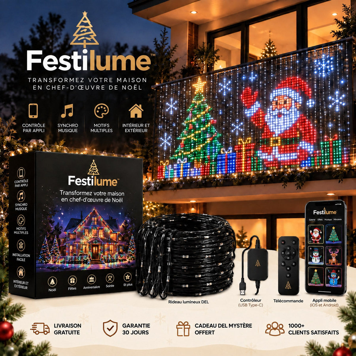 Rideau lumineux Festilume sur un balcon, avec la boîte, le contrôleur, la télécommande et l'appli
