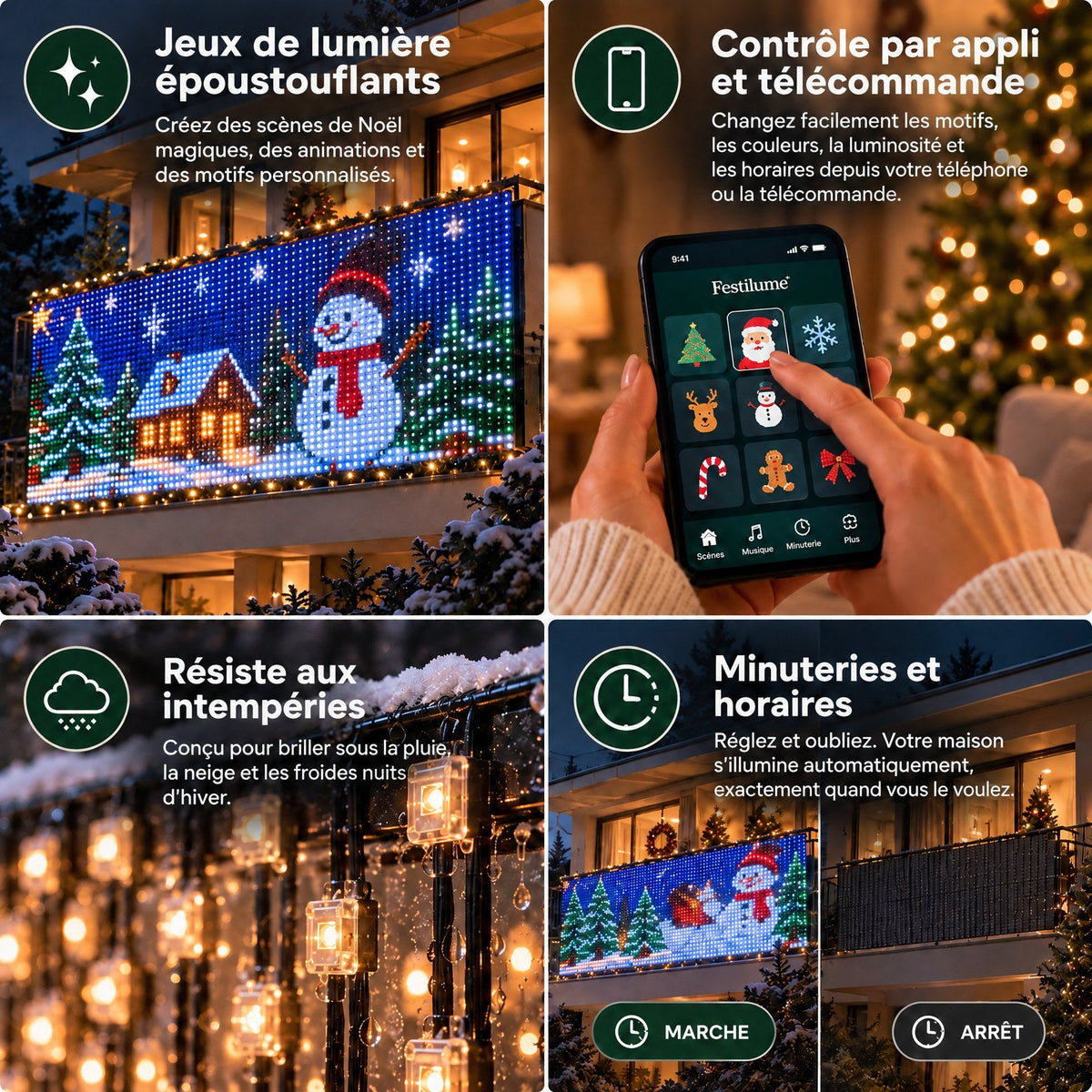Jeux de lumière, contrôle par appli et télécommande, résistance aux intempéries, minuteries
