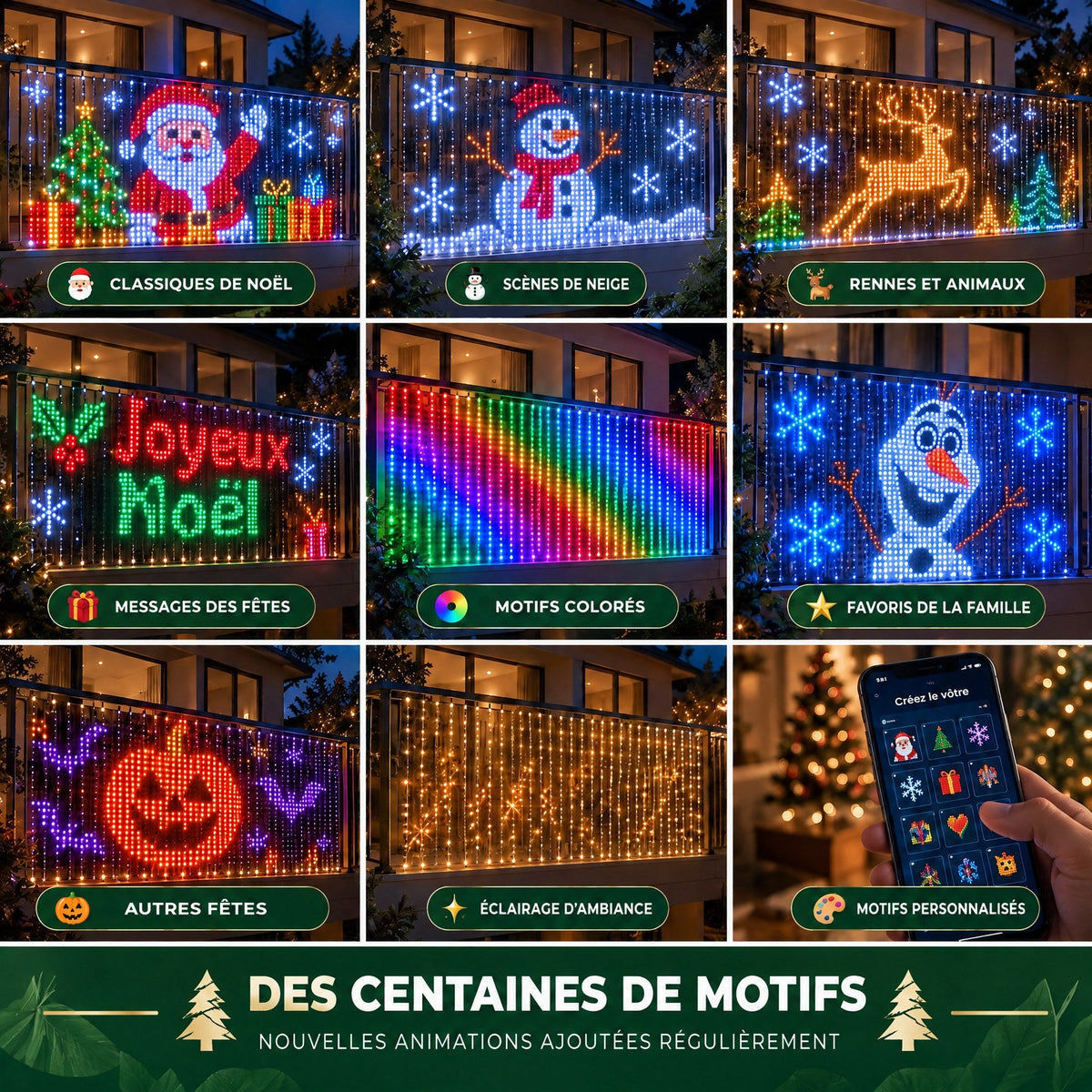 Des centaines de motifs : classiques de Noël, scènes de neige, rennes, messages, motifs colorés