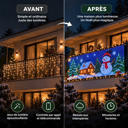 Un balcon avant, avec de simples lumières, puis après avec le rideau lumineux Festilume
