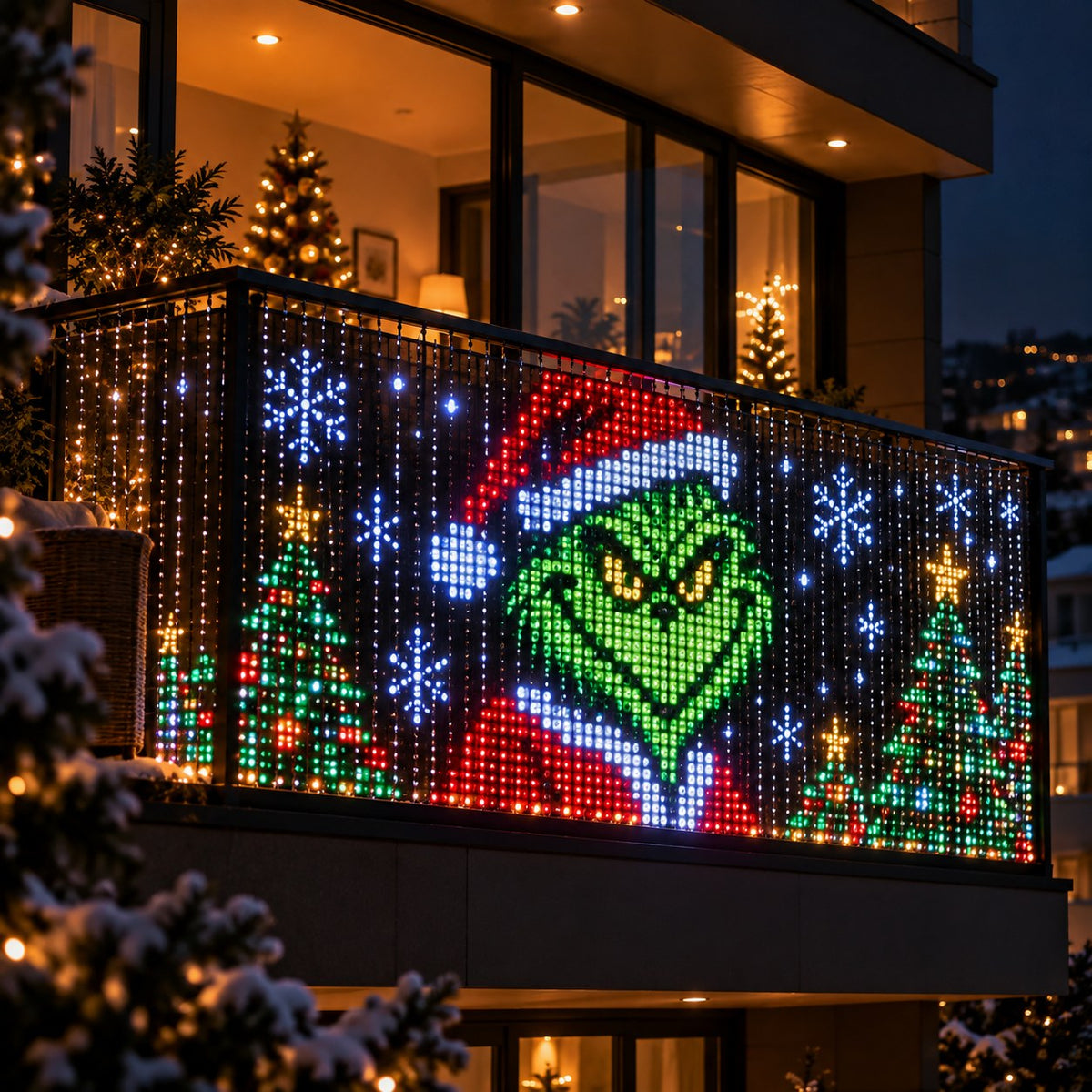 Rideau lumineux animé sur la rampe d'un balcon enneigé, la nuit