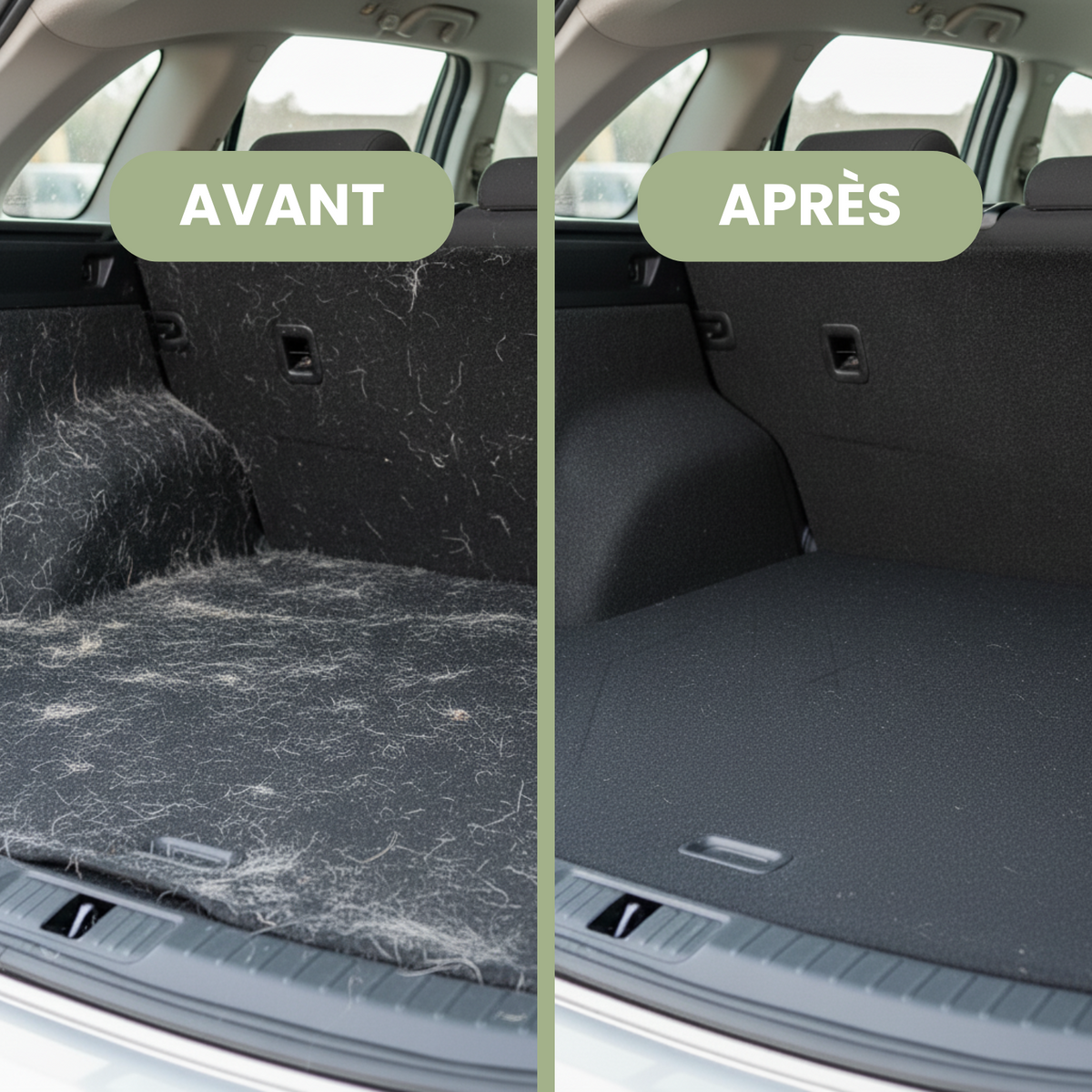 Coffre de voiture avant et après le gant anti-poils