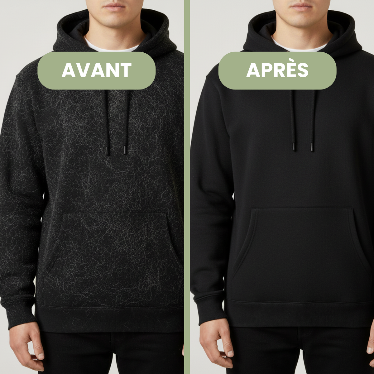 Chandail avant et après le gant anti-poils