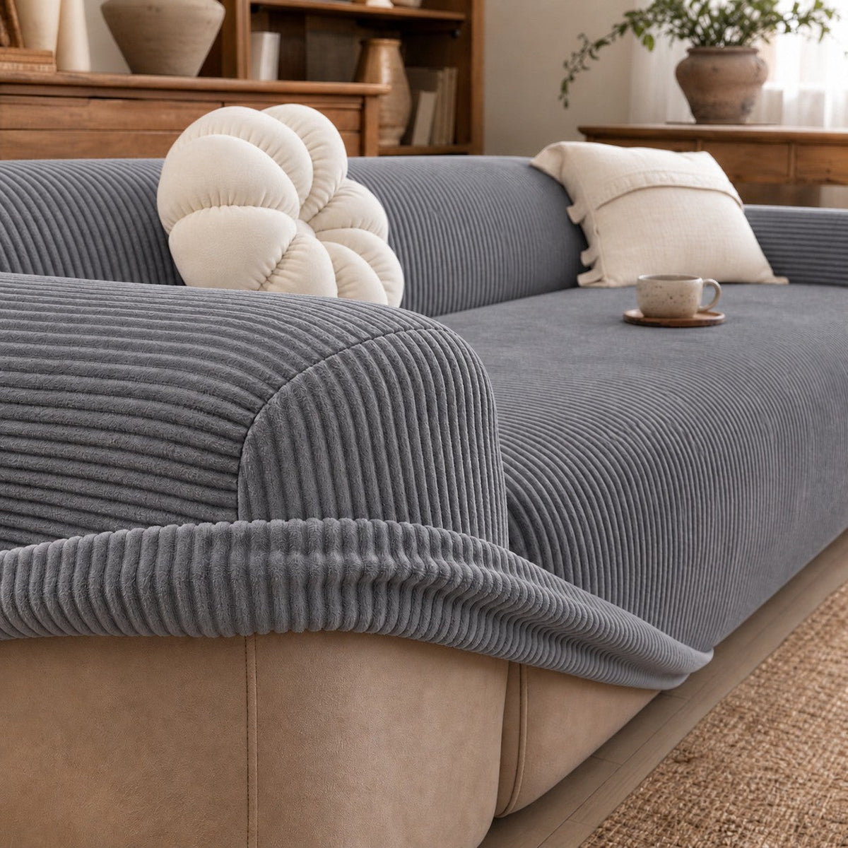 Housse de sofa côtelée Foyanna couleur gris sur un sofa