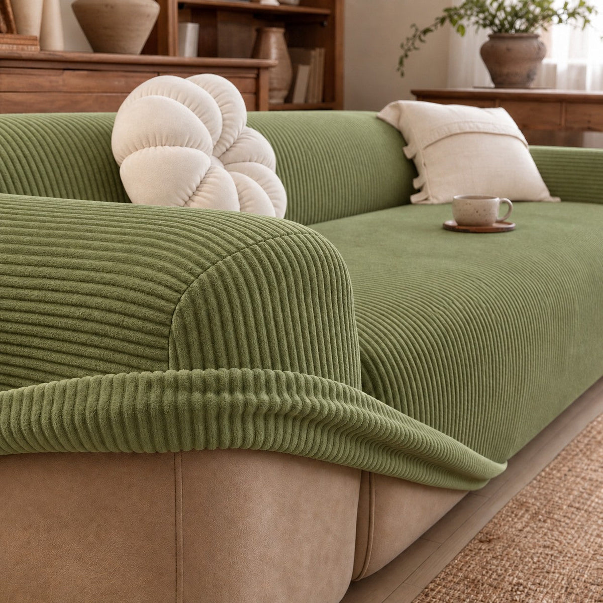 Housse de sofa côtelée Foyanna couleur vert sur un sofa