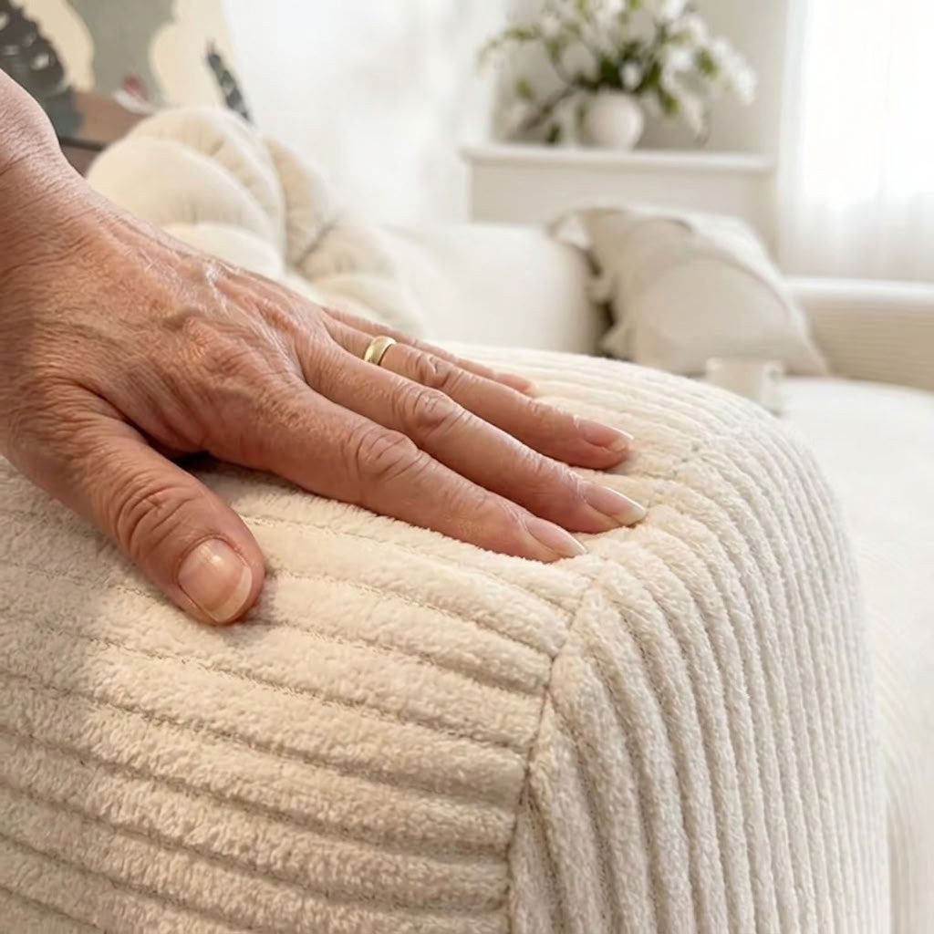 Main posée sur le tissu côtelé épais et velouté de la housse