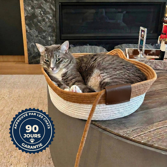 Chat couché dans le Nid Foyanna, panier en corde naturelle tissé à la main