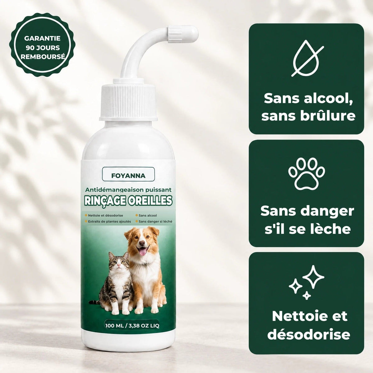 Nettoyant d'oreilles Foyanna pour chiens et chats, sans alcool, sans danger s'il se lèche