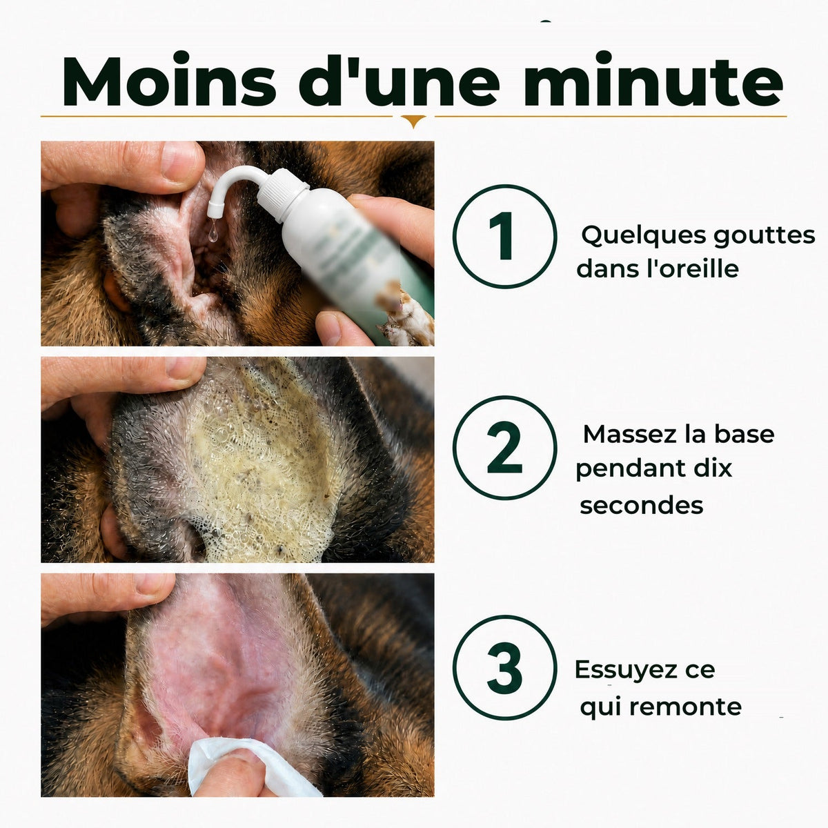Moins d'une minute : quelques gouttes, massez la base, essuyez