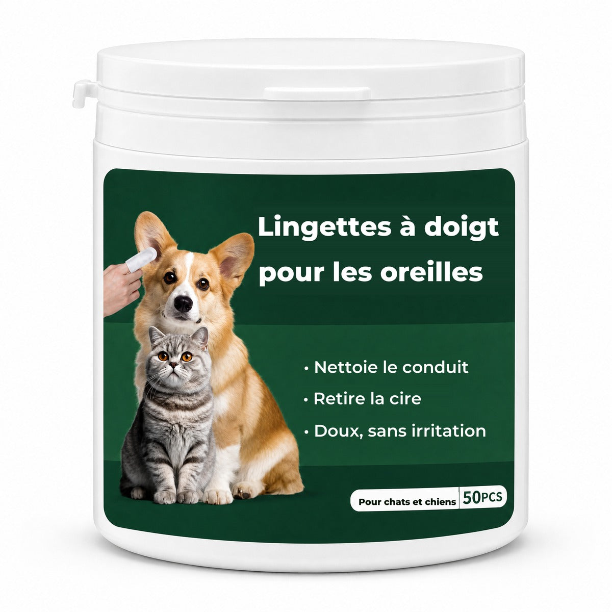 Pot de 50 lingettes à doigt pour les oreilles des chiens et des chats