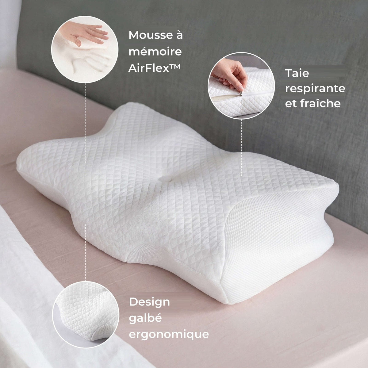 Mousse à mémoire AirFlex, taie respirante et design galbé