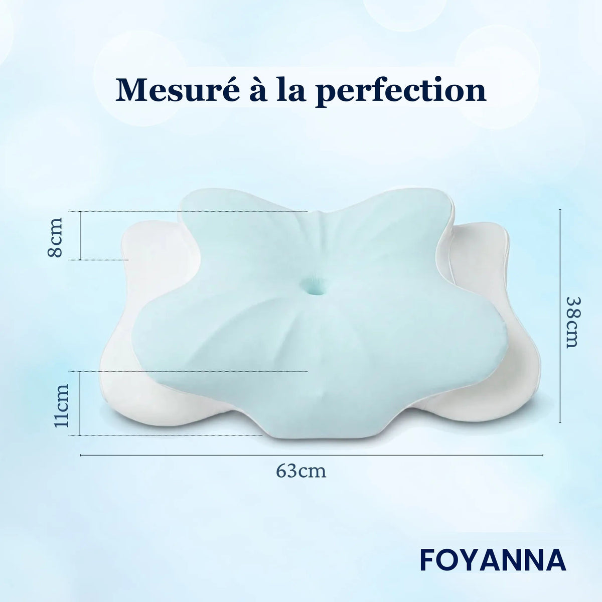 Dimensions de l'oreiller papillon : 63 x 38 cm, 8 cm et 11 cm