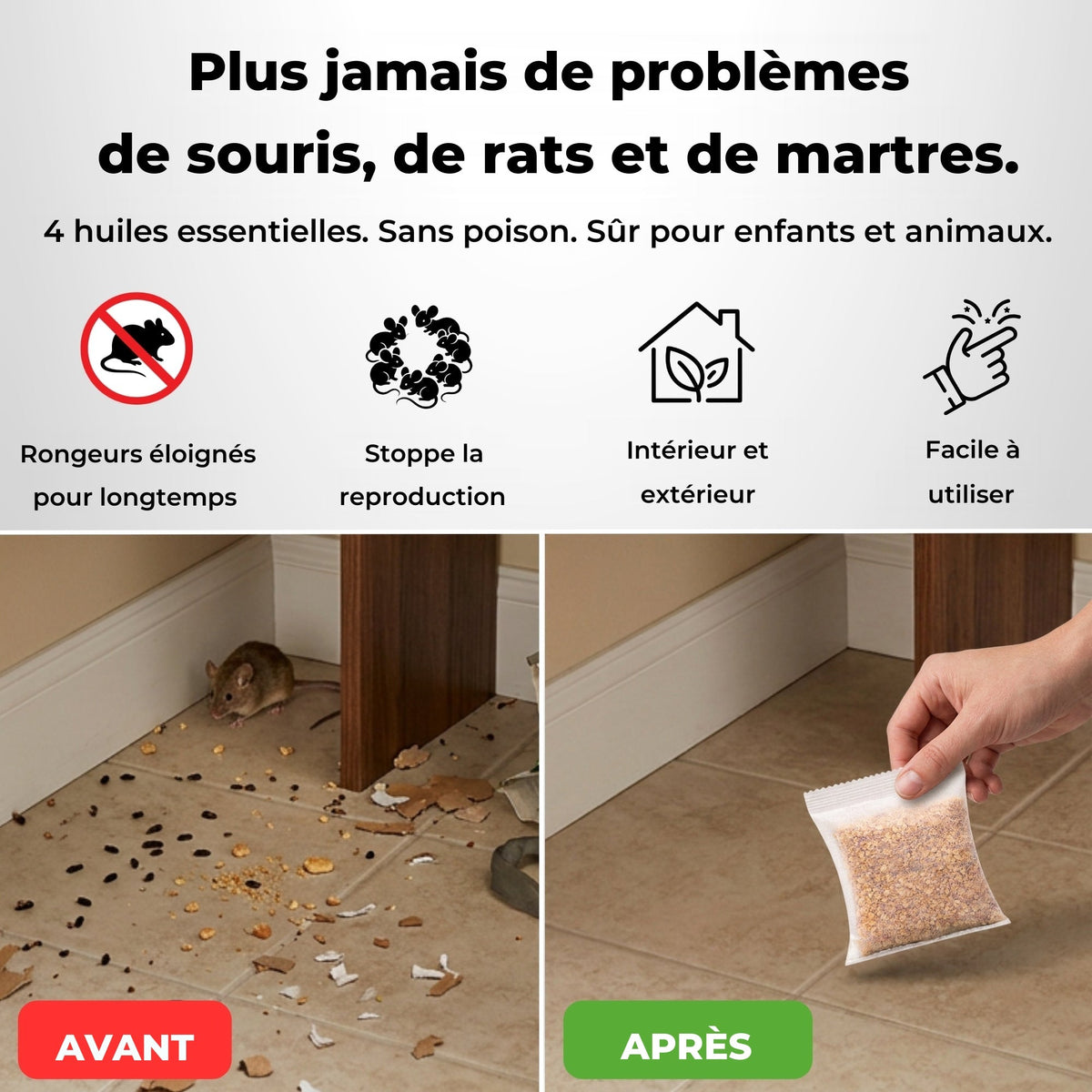 Avant et après : plus de traces de rongeurs avec les sachets répulsifs