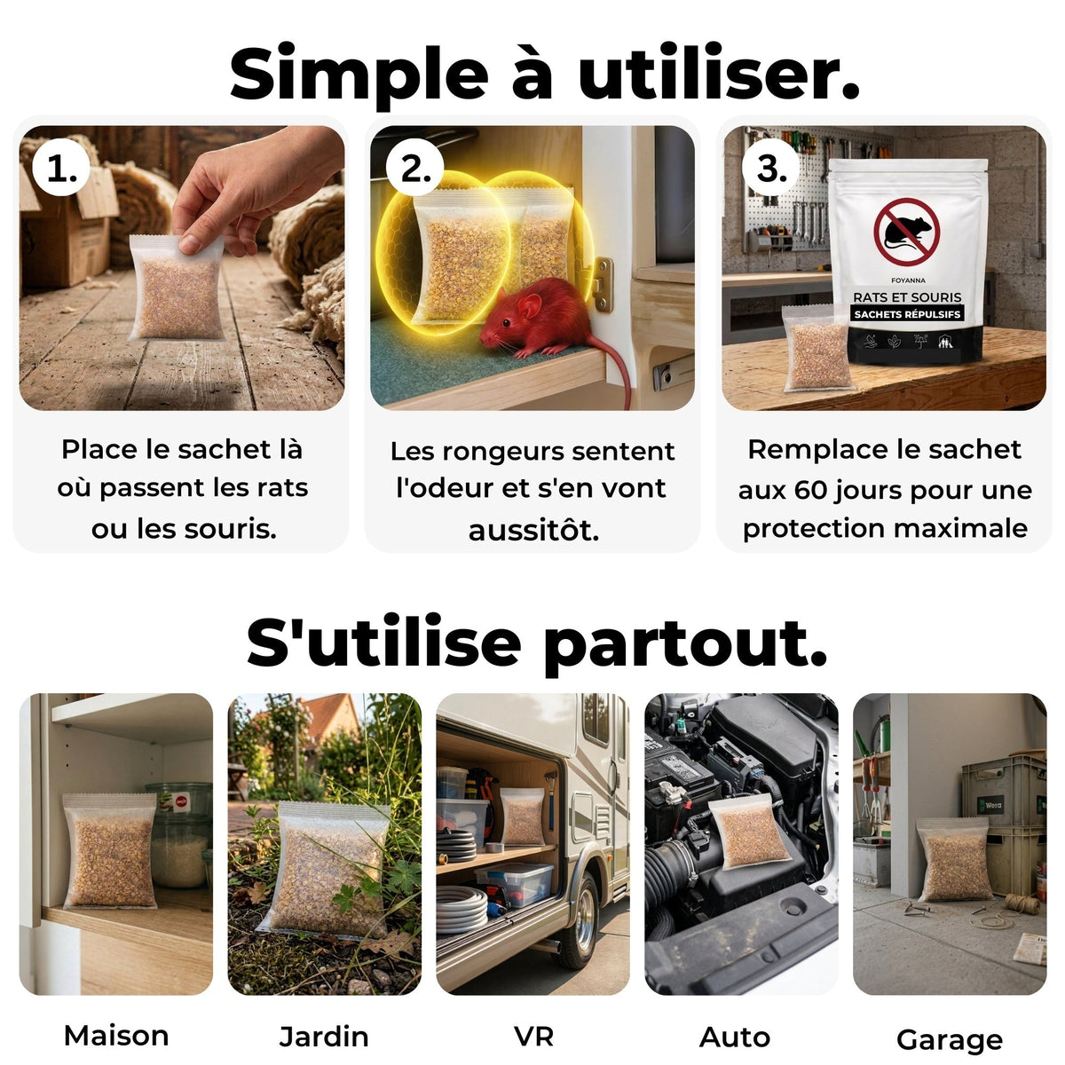 Mode d'emploi en 3 étapes et lieux d'utilisation des sachets répulsifs