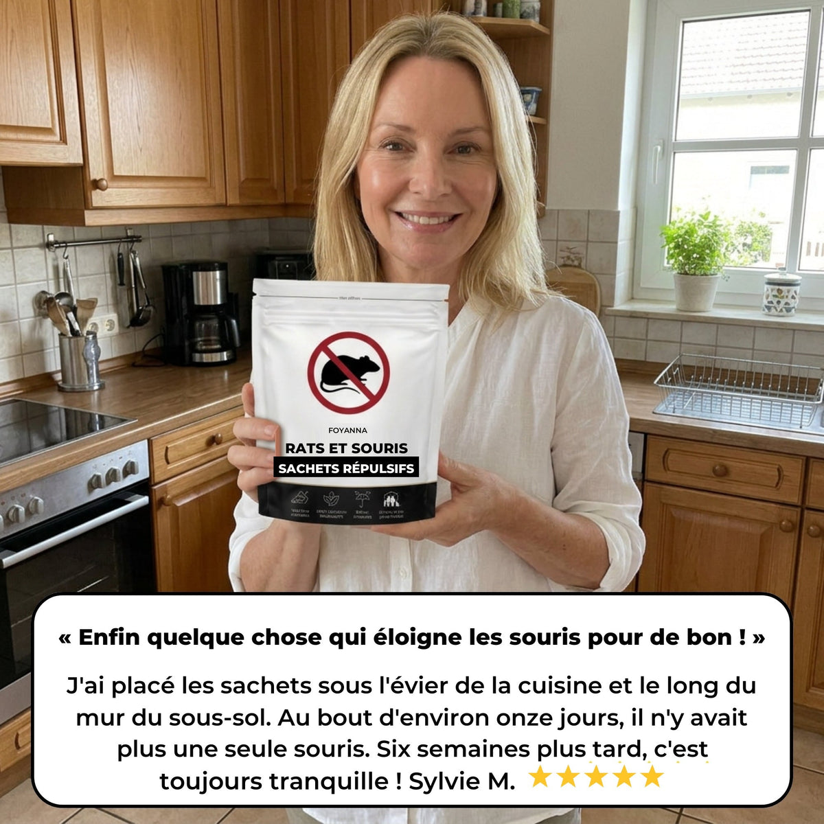 Témoignage d'une cliente avec le paquet de sachets répulsifs Foyanna