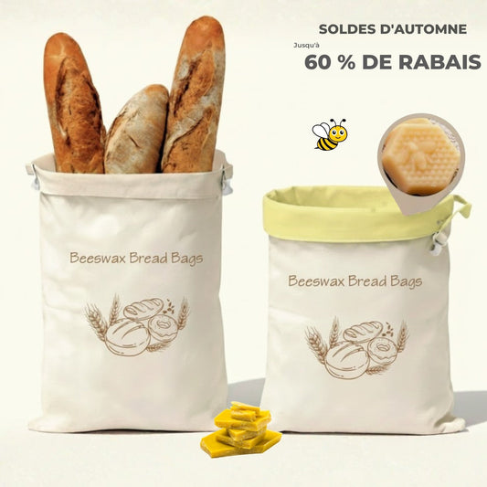 Deux sacs à pain en coton et cire d'abeille Foyanna remplis de baguettes