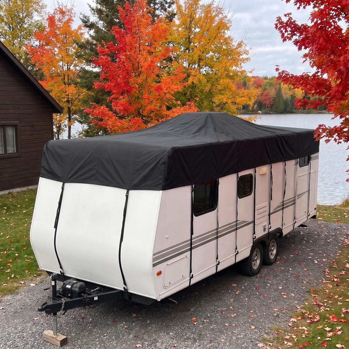 Roulotte avec la toile de toit Foyanna, stationnée près d'un lac en automne