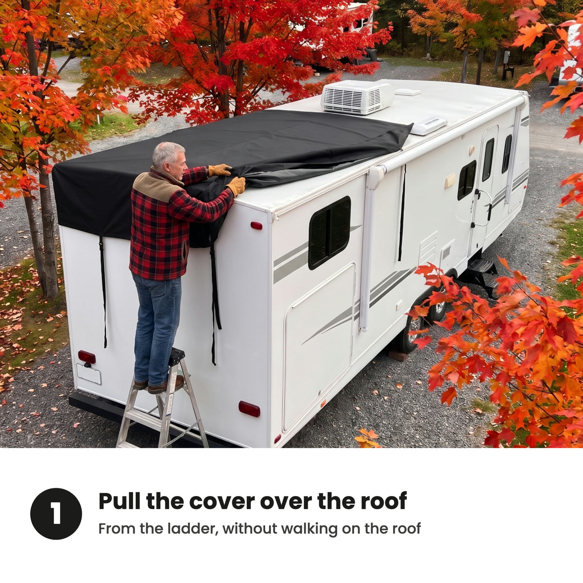 [en] Step 1: pull the cover over the roof from the ladder