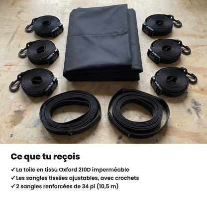 [fr] Ce que tu reçois : la toile, les sangles avec crochets et 2 sangles renforcées