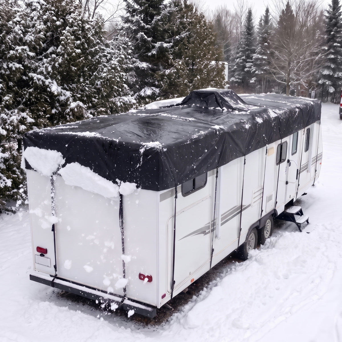 Roulotte couverte en hiver : la neige glisse de la toile et tombe sur les côtés
